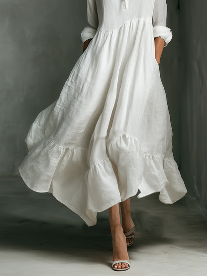 Elegant White Linen Maxi Dress for Women with V Neck Long Sleeve Tiered Ruffle Flowing Bohemian Style