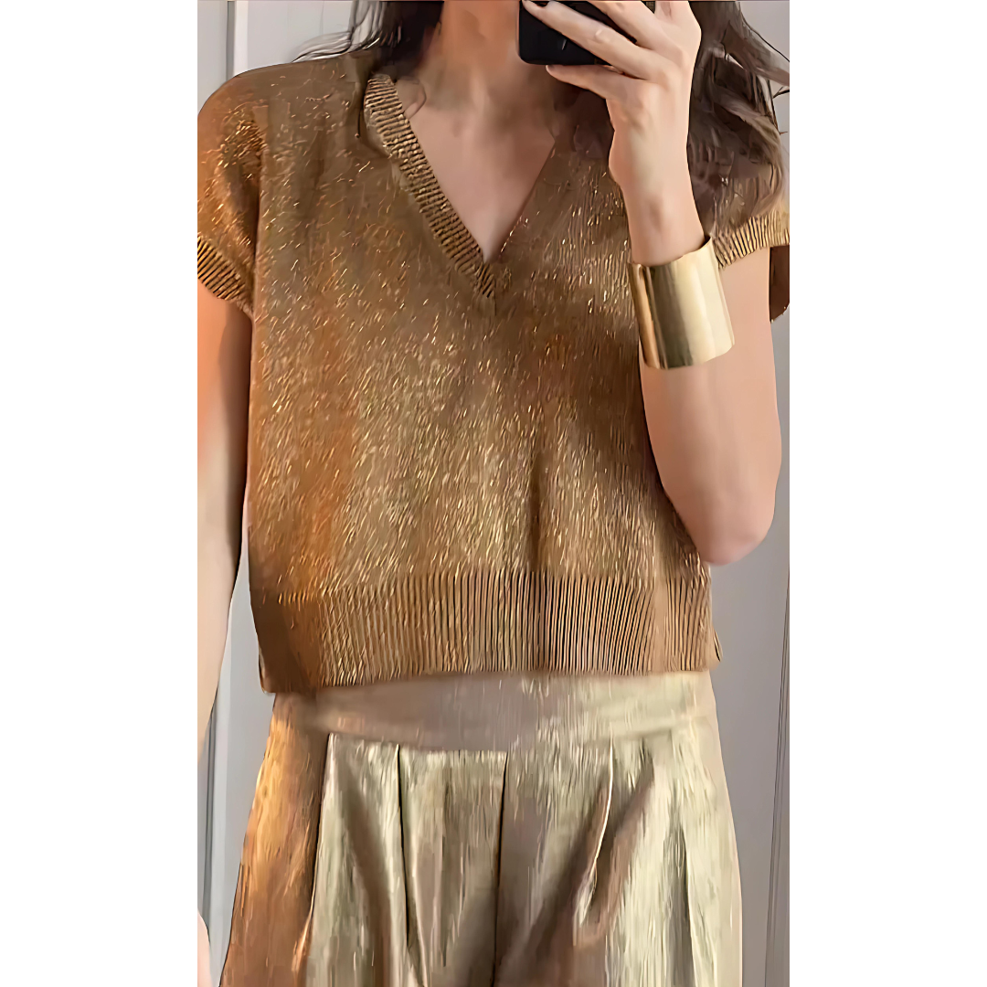Elegant Wide Leg Pants Two Piece Set for Women with V Neck Short Sleeve Ribbed Knit Relaxed Style