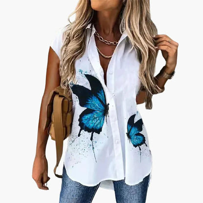 Elegant Butterfly Print Shirt for Women with Collar Short Sleeve Button Front Relaxed Style