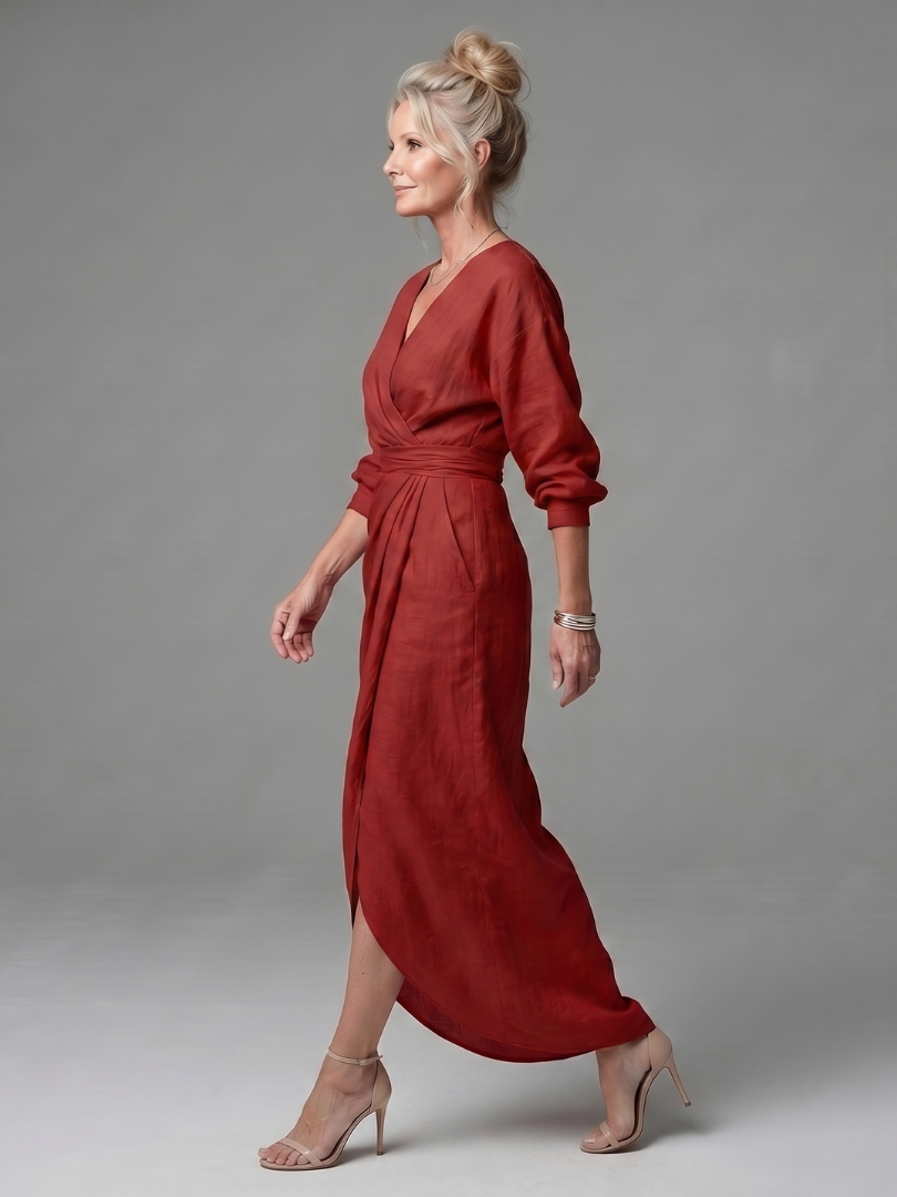 Elegant Red Dress for Women with V Neck Long Sleeve Diagonal Drape Maxi Style