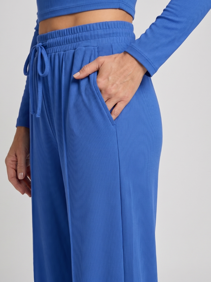 Women Long Sleeve Crop Top and Wide Leg Pants Set