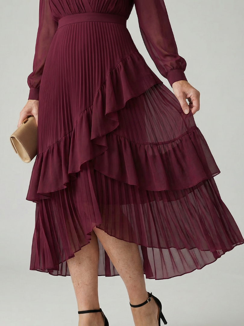 Elegant Red Dress for Women with High Neck Long Sleeve Tiered Ruffle Midi Style