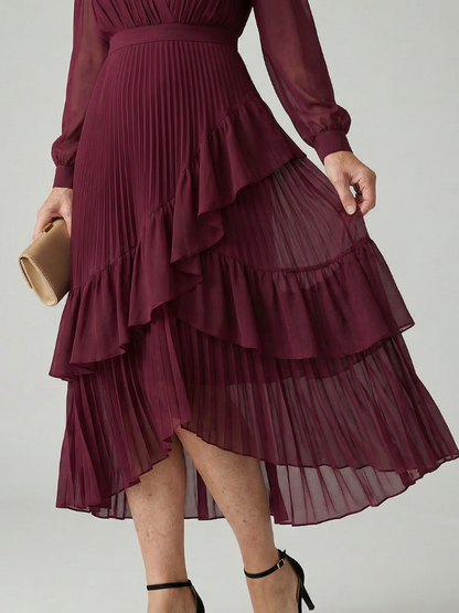 Elegant Red Dress for Women with High Neck Long Sleeve Tiered Ruffle Midi Style
