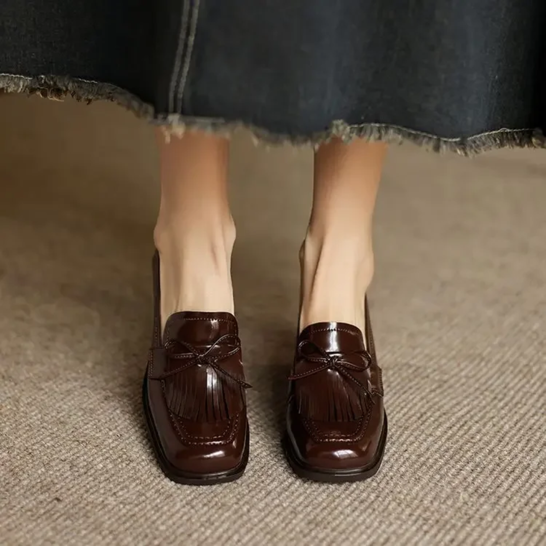 Elegant Patent Leather Tassel Loafer for Women with Bow Detail Block Heel Almond Toe Style