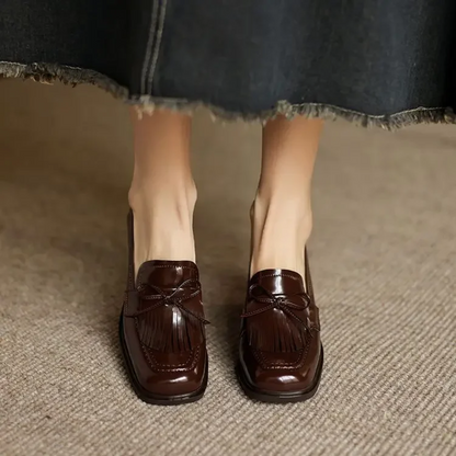 Elegant Patent Leather Tassel Loafer for Women with Bow Detail Block Heel Almond Toe Style