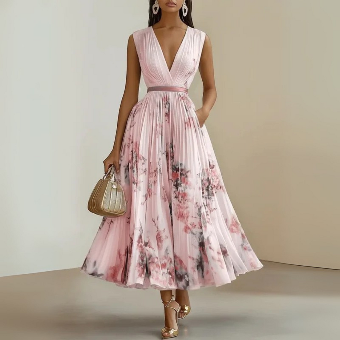 Effortless Watercolor Floral Midi Dress for Women with V Neck Sleeveless Pleated Belted Flowing Style