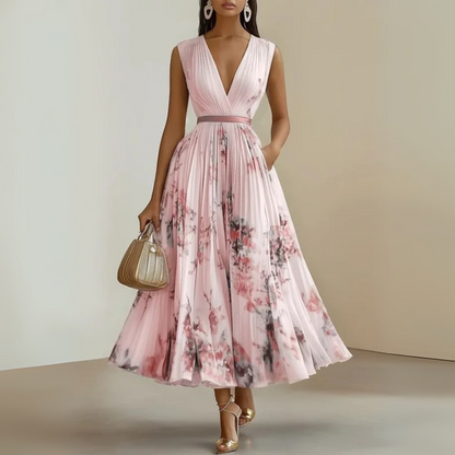 Effortless Watercolor Floral Midi Dress for Women with V Neck Sleeveless Pleated Belted Flowing Style