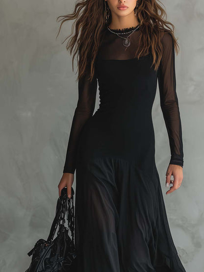 Elegant Black Mesh Maxi Dress for Women with Illusion Neck Long Sleeve Flowing Gothic Style