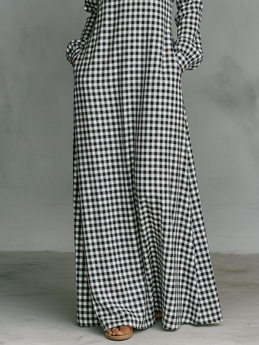 Effortless White Gingham Maxi Dress for Women with V Neck Long Sleeve Relaxed Flowing Style