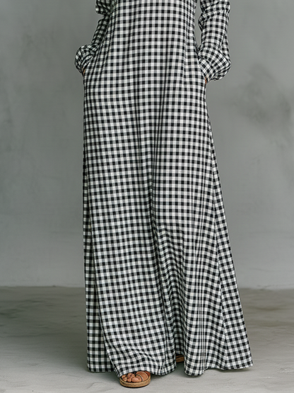 Effortless White Gingham Maxi Dress for Women with V Neck Long Sleeve Relaxed Flowing Style