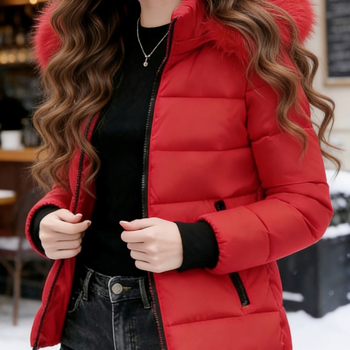 Warm Red Puffer Ski Jacket for Women with Faux Fur Hood Long Sleeve Front Zip Padded Style