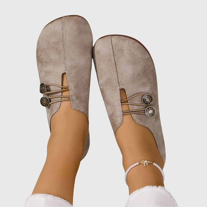 Effortless Distressed Leather Flat Loafer for Women with V Cut Vamp Elastic Strap Button Detail Casual Style