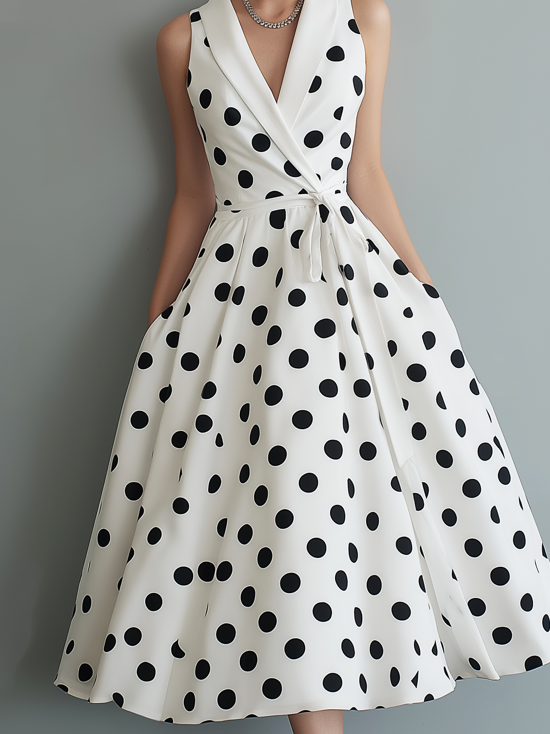 Elegant White Polka Dot Midi Dress for Women with Shawl Collar Sleeveless Wrap Fit and Flare Style