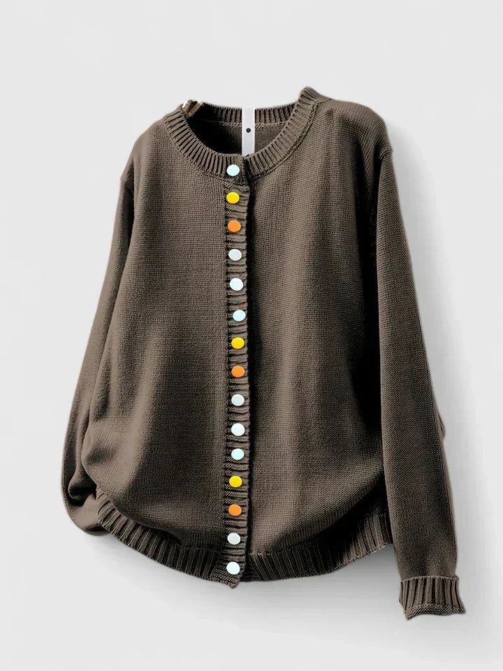 Warm Knit Cardigan for Women with Crew Neck Button Front Long Sleeve Ribbed Knit Easy Style