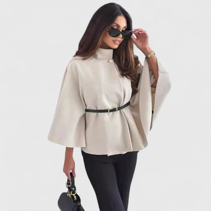 Elegant Cape Jacket for Women with Mock Neck Bell Sleeve Belted Peplum Style