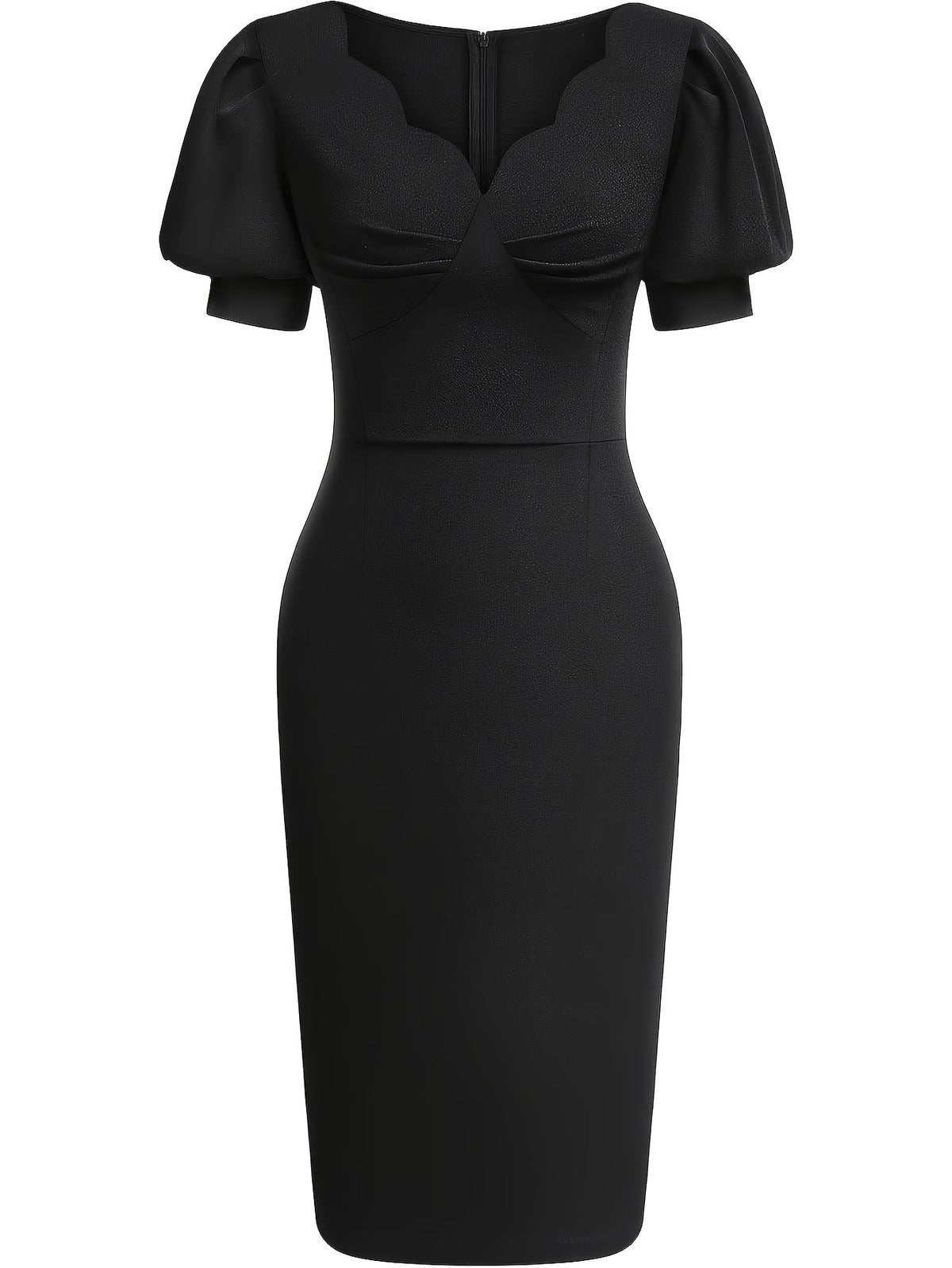 Effortless Cocktail Dress for Women with Scalloped V Neck Balloon Sleeve Bodycon Knee Length Occasion Style