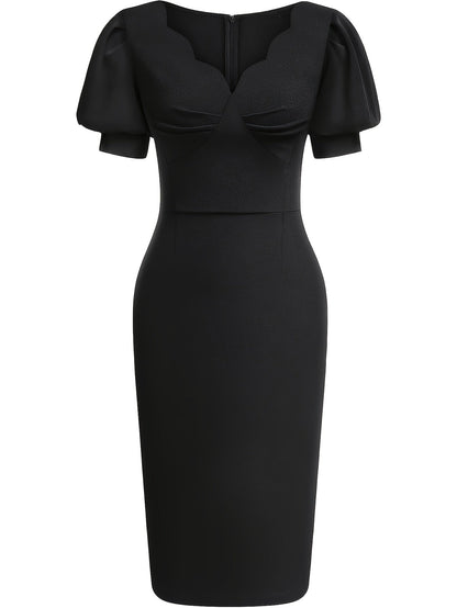 Effortless Cocktail Dress for Women with Scalloped V Neck Balloon Sleeve Bodycon Knee Length Occasion Style