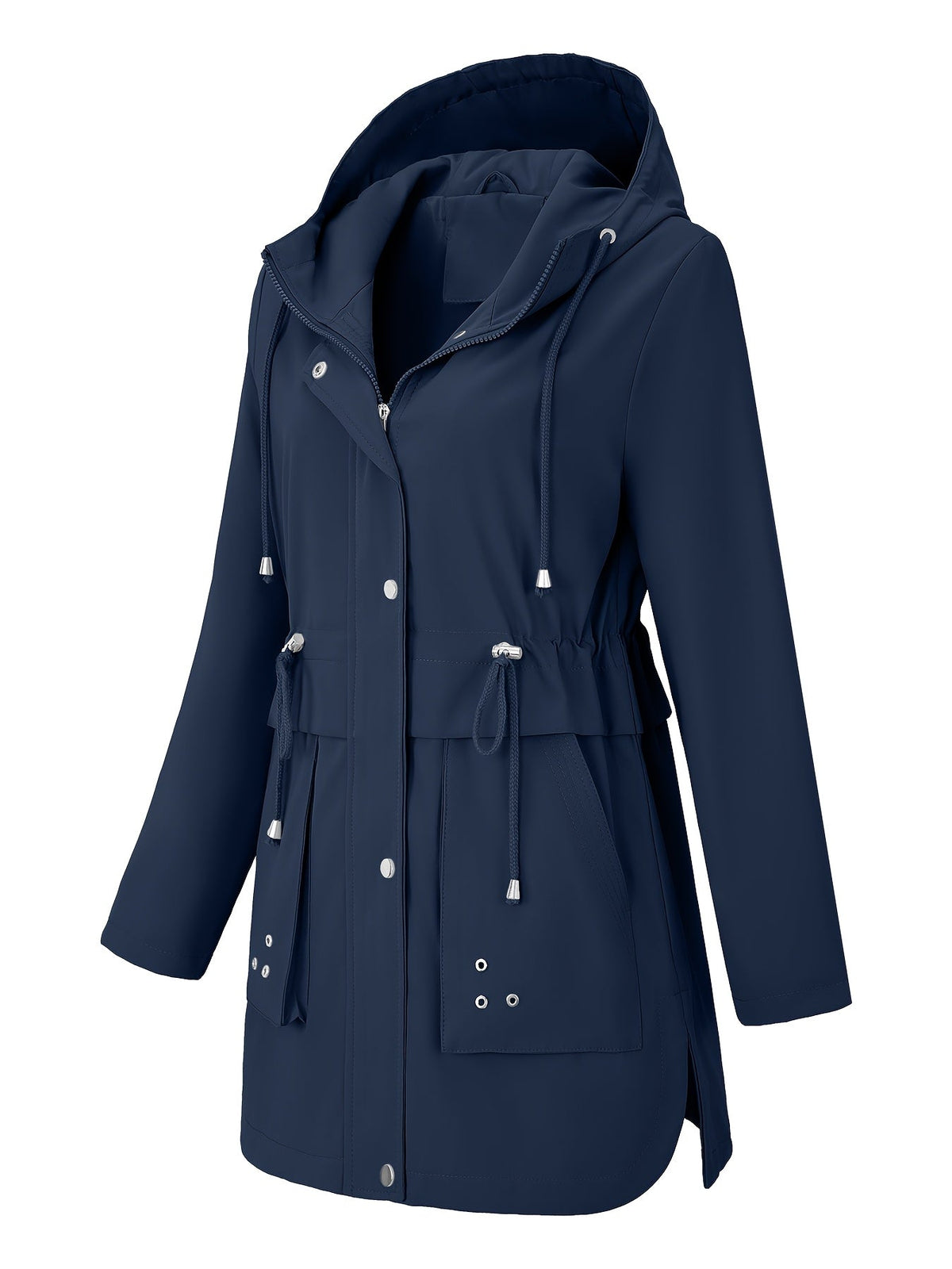 Refined Hooded Rainwear Jacket for Women with Drawstring Waist Front Zip Windbreaker All Weather Style