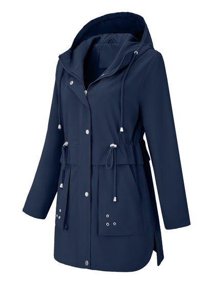 Refined Hooded Rainwear Jacket for Women with Drawstring Waist Front Zip Windbreaker All Weather Style