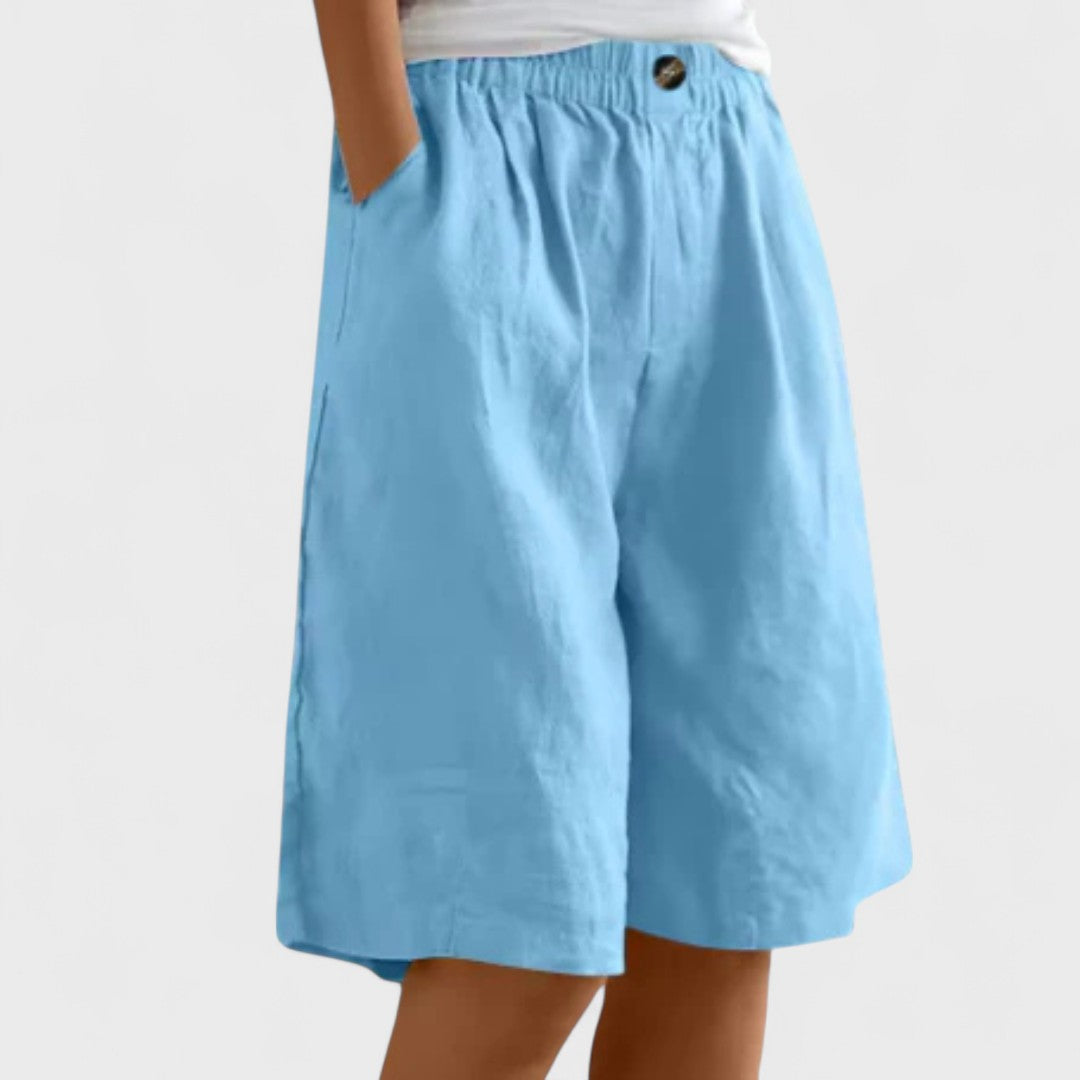 Effortless Linen Bermuda Shorts for Women with High Waist Elastic Button Wide Leg Casual Style
