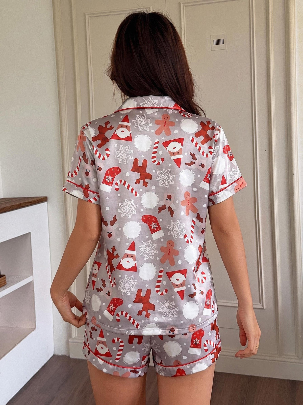 Warm Gray Satin Christmas Pajamas for Women with Notched Collar Short Sleeve Button Down Two Piece Style