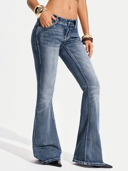 Stylish Blue Bell Bottom Jeans for Women with Low Rise Whisker Wash Flared Relaxed Style