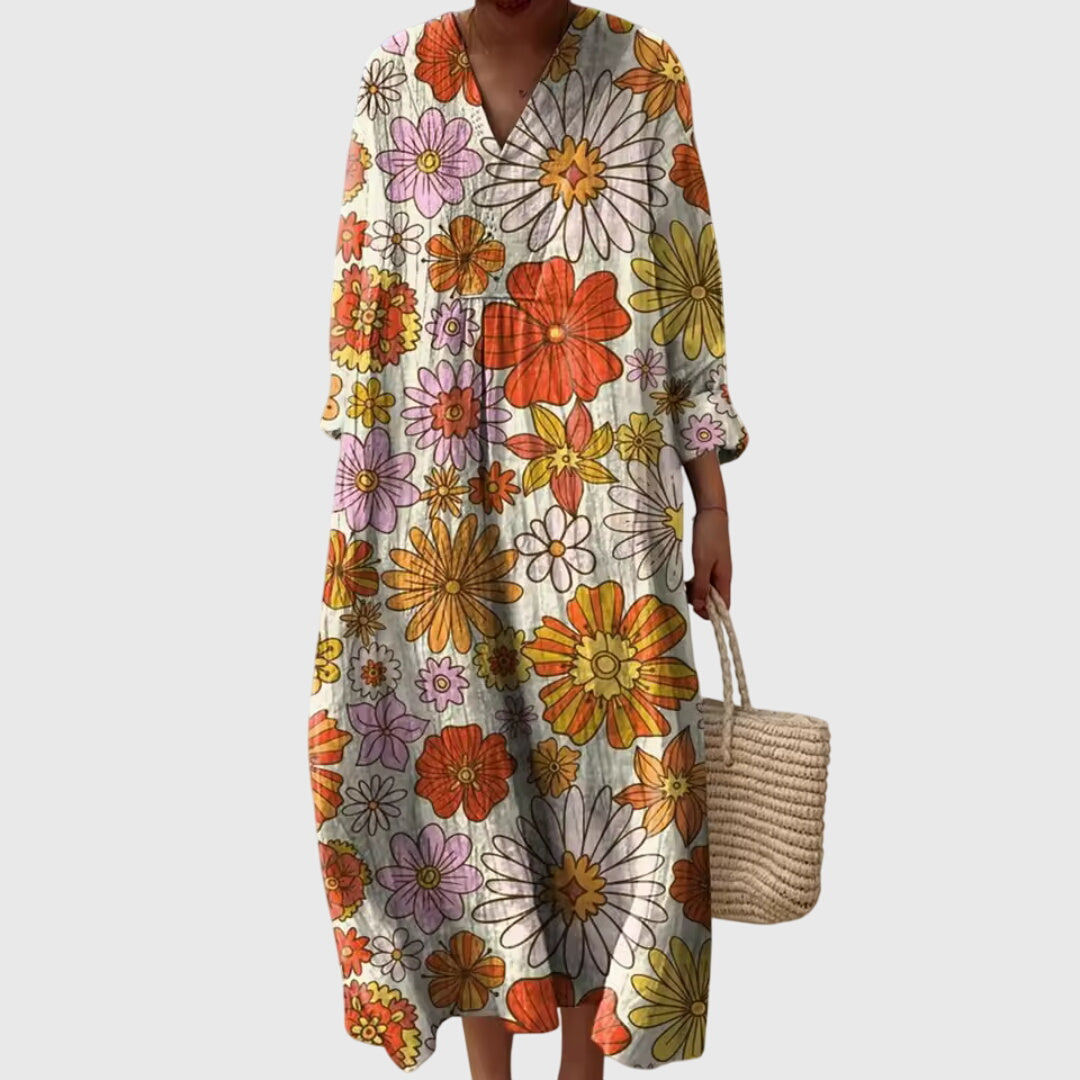 Effortless Patchwork Print Linen Maxi Dress for Women with V Neck Long Sleeve Relaxed Flowing Bohemian Style