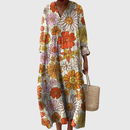 Effortless Patchwork Print Linen Maxi Dress for Women with V Neck Long Sleeve Relaxed Flowing Bohemian Style