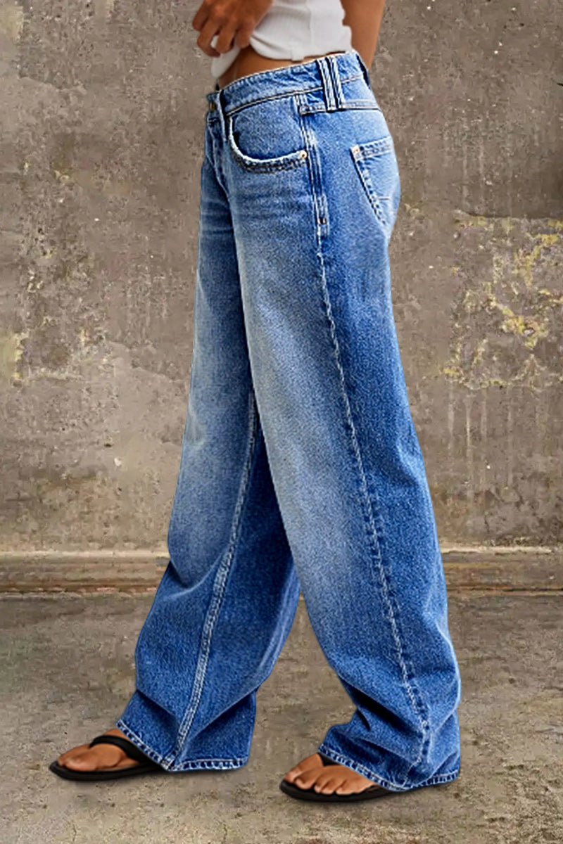 Effortless Wide Leg Jeans for Women with Low Rise Faded Wash Relaxed Casual Style