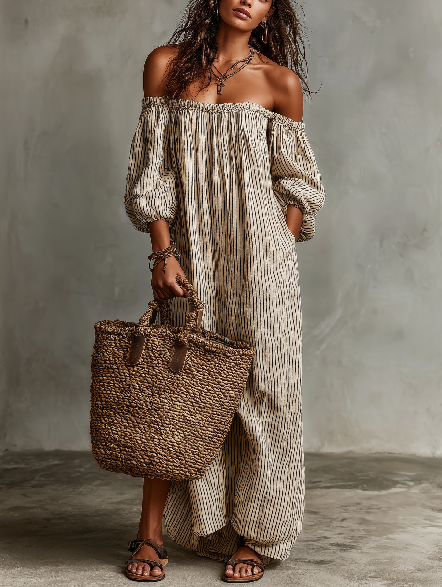 Effortless Beige Striped Linen Maxi Dress for Women with Off Shoulder Balloon Sleeve Flowing Bohemian Style