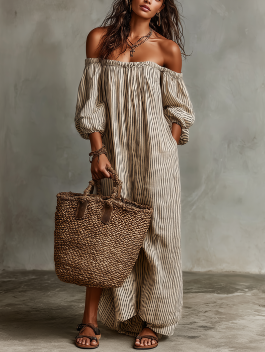 Effortless Beige Striped Linen Maxi Dress for Women with Off Shoulder Balloon Sleeve Flowing Bohemian Style