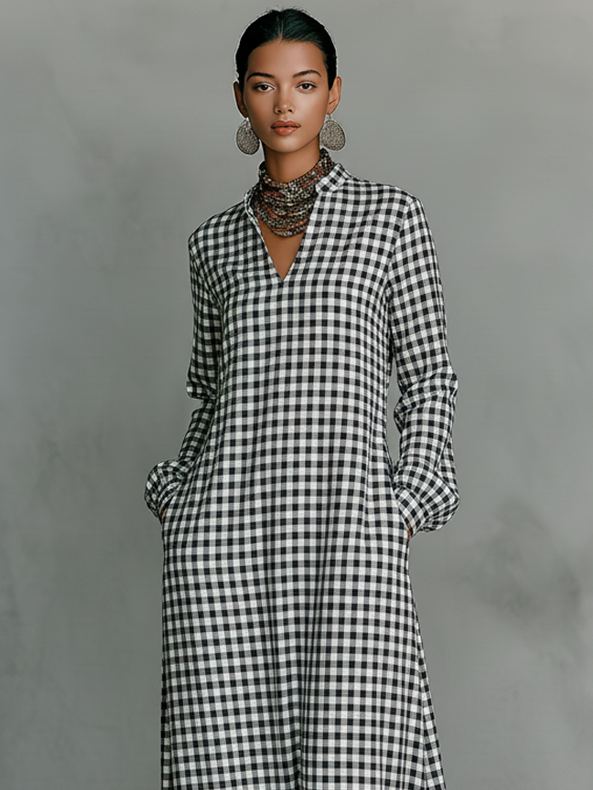 Effortless White Gingham Maxi Dress for Women with V Neck Long Sleeve Relaxed Flowing Style