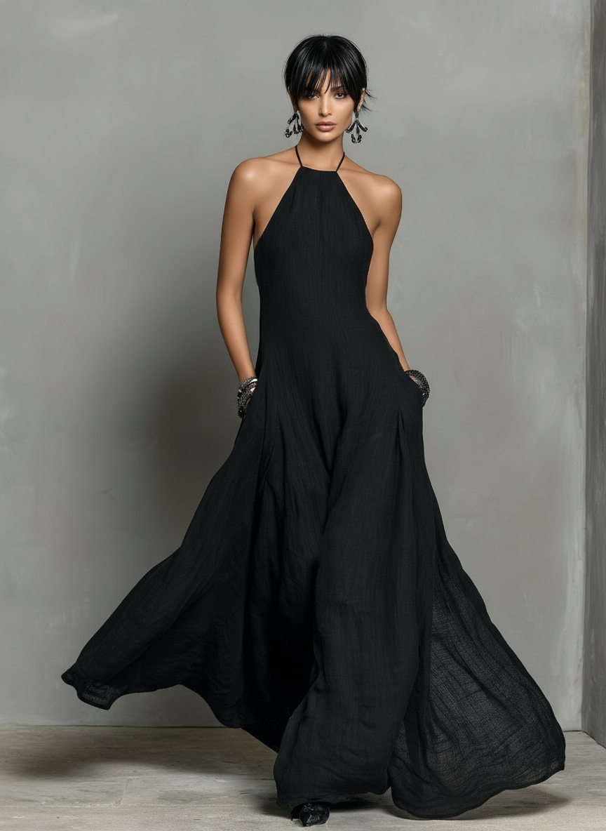 Elegant Black Linen Maxi Dress for Women with Halter Neck Sleeveless Flowing Boho Style