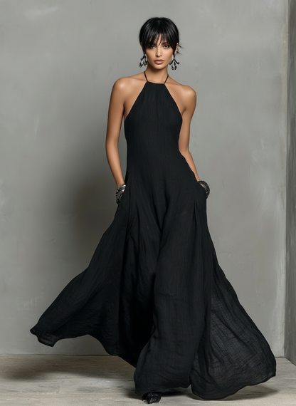 Elegant Black Linen Maxi Dress for Women with Halter Neck Sleeveless Flowing Boho Style