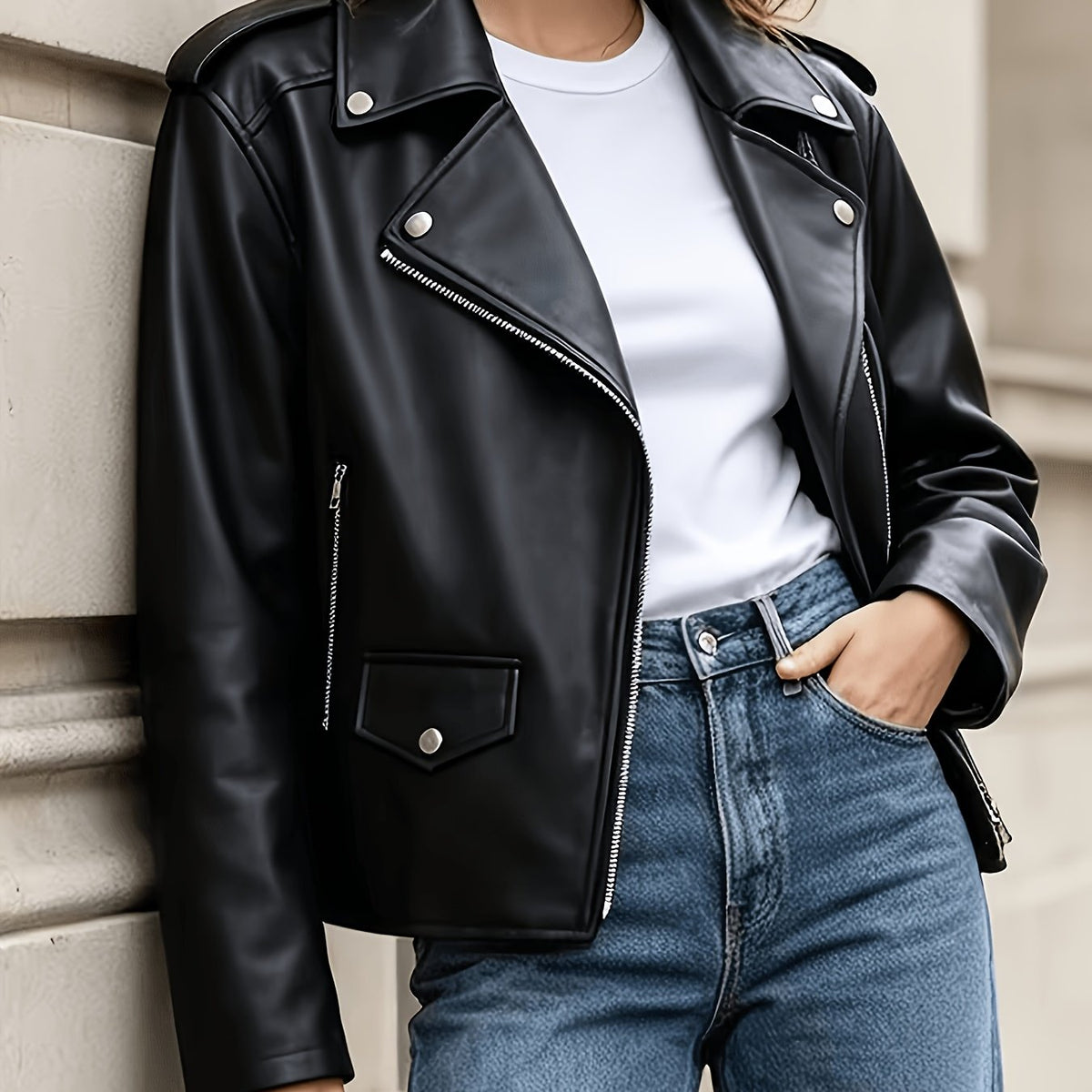 Bold Black Faux Leather Moto Jacket for Women with Notched Lapel Asymmetrical Zip Ribbed Biker Style