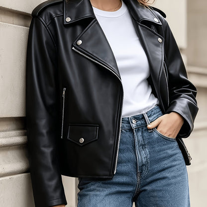 Bold Black Faux Leather Moto Jacket for Women with Notched Lapel Asymmetrical Zip Ribbed Biker Style
