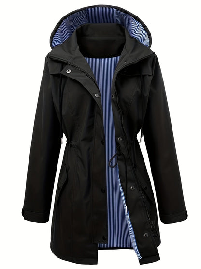 Stylish Hooded Rainwear Jacket for Women with Drawstring Waist Zip Front Long Windbreaker All Weather Style