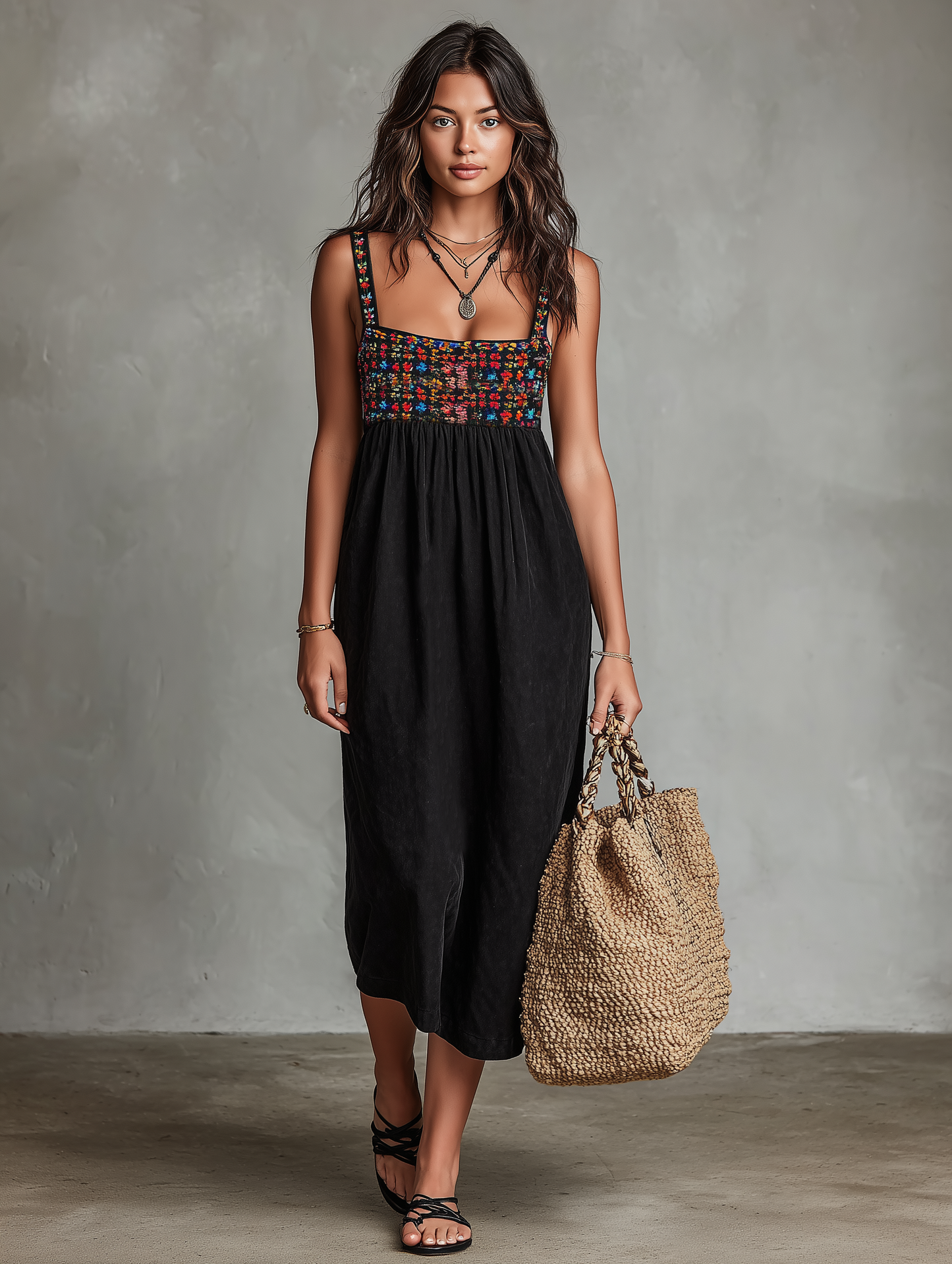 Elegant Black Floral Embroidered Midi Dress for Women with Square Neck Sleeveless Empire Waist Flowing Boho Style