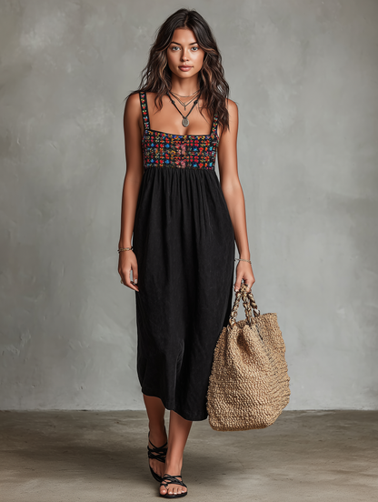 Elegant Black Floral Embroidered Midi Dress for Women with Square Neck Sleeveless Empire Waist Flowing Boho Style
