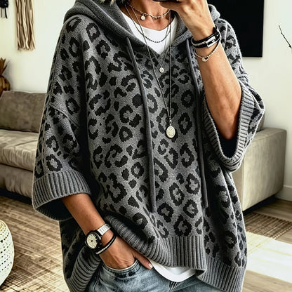 Easy Leopard Print Oversized Hoodie for Women with Hooded Neck Batwing Sleeve Drawstring Knit Style