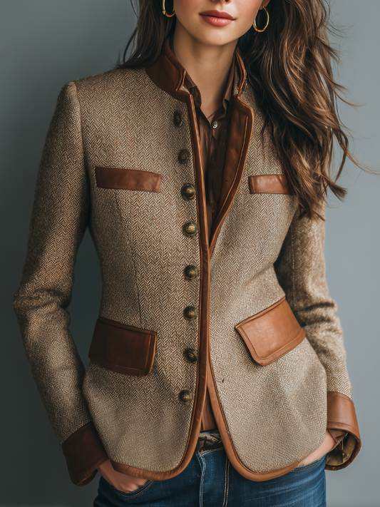 Elegant Brown Tweed Jacket for Women with Stand Collar Long Sleeve Leather Trim Fitted Style