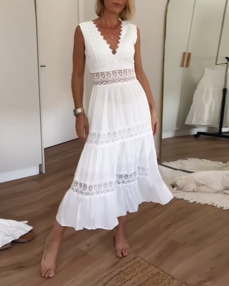 Effortless White Crochet Lace Maxi Dress for Women with V Neck Sleeveless Tiered Flowing Boho Style