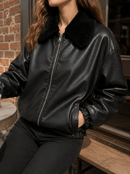 Chic Black Faux Leather Bomber Jacket for Women with Faux Fur Collar Zip Front Ribbed Knit Biker Style