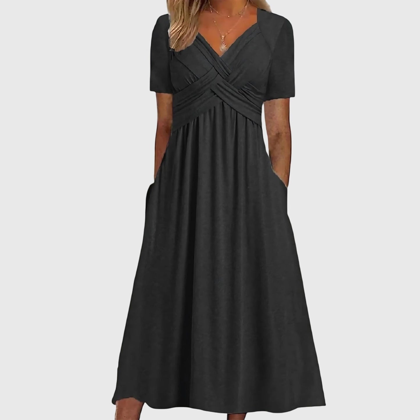 Elegant Wrap Midi Dress for Women with Sweetheart Neck Short Sleeve Crisscross Pleated Flowing Style