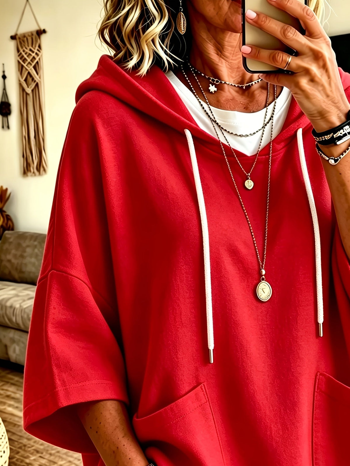 Easy Fleece Oversized Hoodie for Women with Drawstring Hood Batwing Sleeve Kangaroo Pocket Easy Style