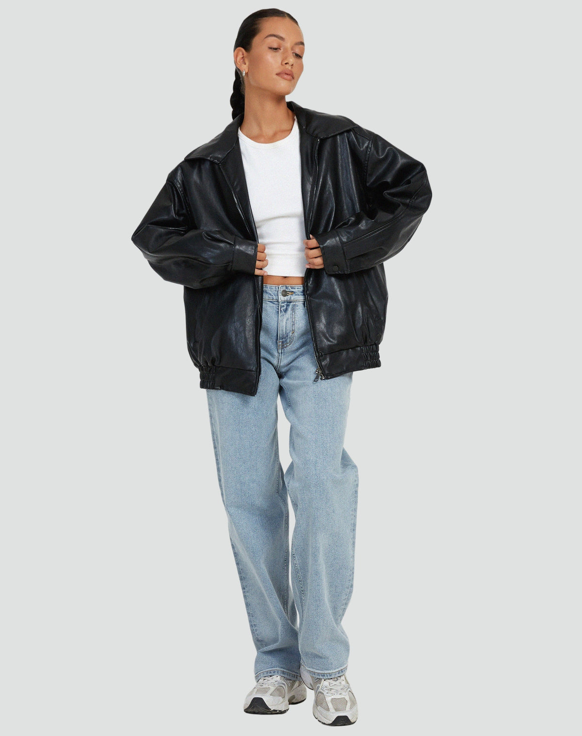 Women's Oversized Faux Leather Bomber Jacket