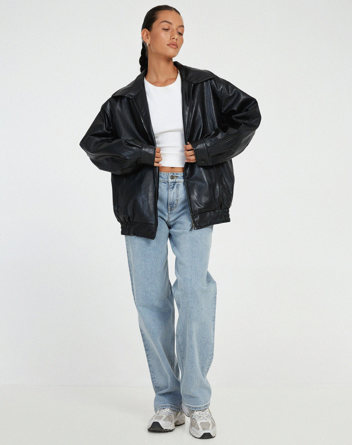 Elegant Brown Oversized Faux Leather Jacket for Women with Spread Collar Zip Front Relaxed Daily Style