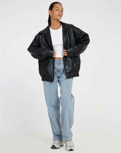 Elegant Brown Oversized Faux Leather Jacket for Women with Spread Collar Zip Front Relaxed Daily Style
