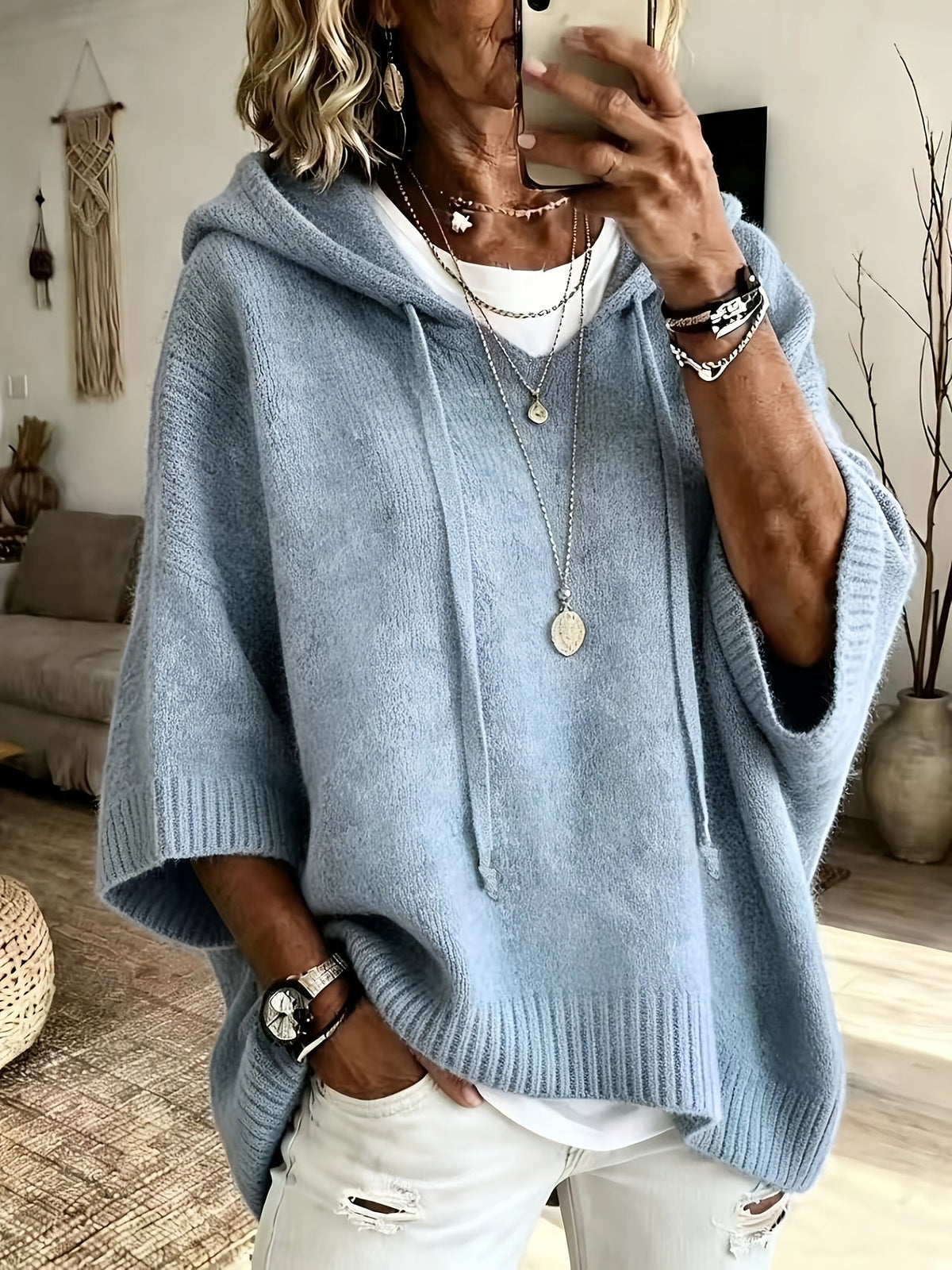 Easy Knit Oversized Hoodie for Women with Hooded Neck Half Sleeve Batwing Easy Style