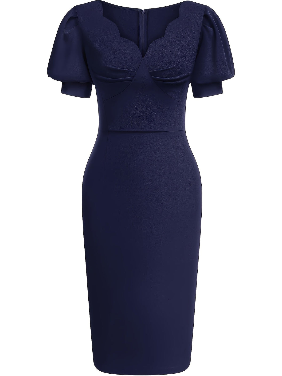 Effortless Cocktail Dress for Women with Scalloped V Neck Balloon Sleeve Bodycon Knee Length Occasion Style